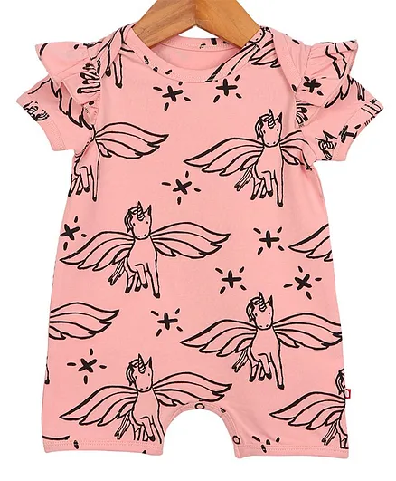 Nino Bambino Frill Half Sleeves Unicorn Printed Romper - Baby Pink