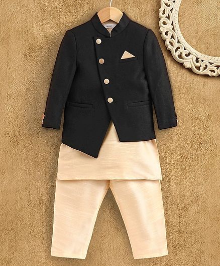 Babyoye Full Sleeves Cotton Sherwani With Kurta & Pyjama - Black Peach