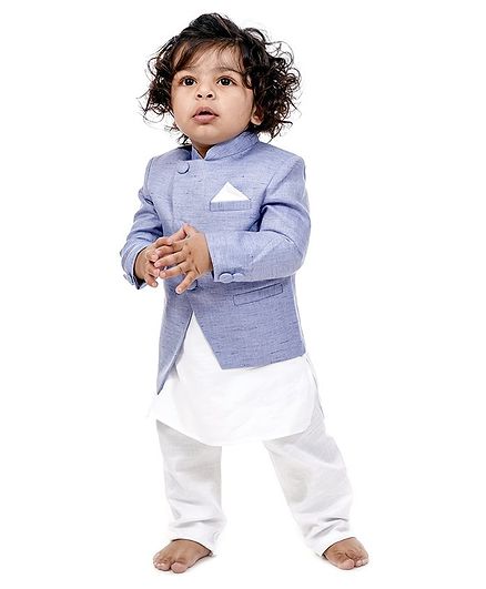 Babyoye Full Sleeves Cotton Sherwani With Kurta & Pyjama - Blue White