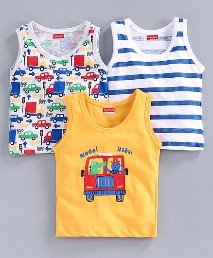 Babyhug Sleeveless 100% Cotton Multi Printed Vests Set of 3 - Yellow White
