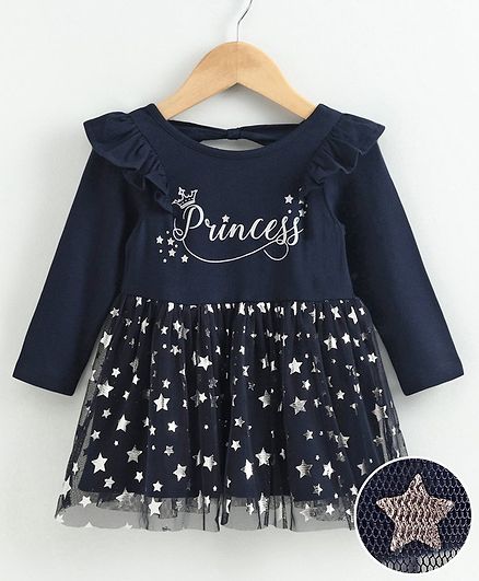 Babyoye Full Sleeves Cotton Frock Princess Print - Navy Blue
