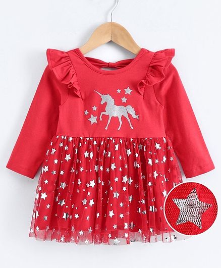 Babyoye Full Sleeves Cotton Frock Unicorn Print - Red