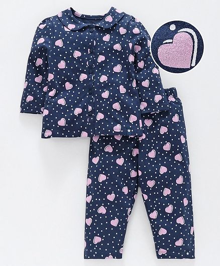 Babyoye Full Sleeves Cotton Night Suit Hear Print - Navy