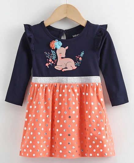 Babyoye Cotton Full Sleeves Frock Reindeer Print - Coral Navy Blue