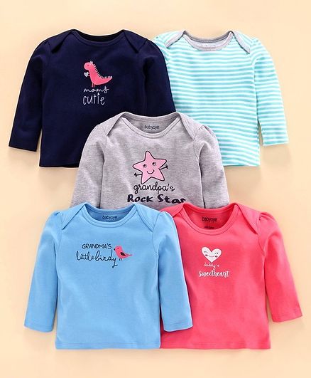Babyoye Full Sleeves Cotton Printed & Striped Tee Pack of 5 - Blue Pink Grey