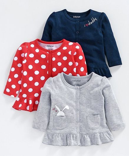 Babyoye Cotton Full Sleeves Jhabla Polka Dot & Bunny Print Pack of 3 - Red Navy Blue Grey