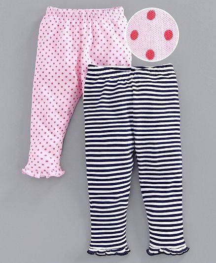 Babyoye Cotton Full Length Printed & Striped Leggings - Pink Navy
