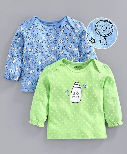Babyoye Full Sleeves Cotton Tee Milk Bottle Print Pack of 2 - Blue Green