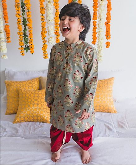 Tiber Taber Full Sleeves Flower Printed Kurta With Dhoti Set - Grey
