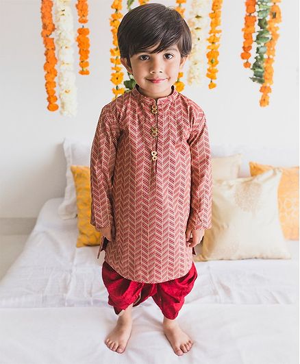 Tiber Taber Full Sleeves Zig Zag Printed Kurta With Dhoti Set - Red