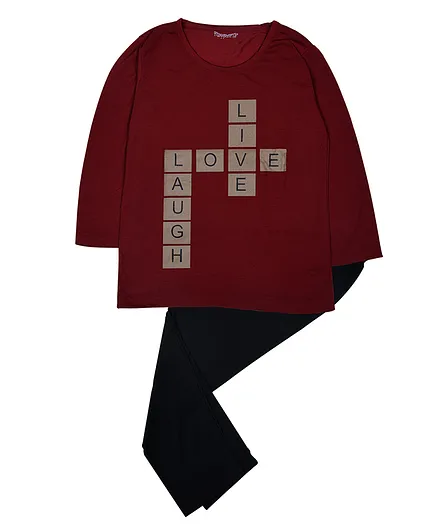 Funkrafts Three Fourth Sleeves Text Grid Print Night Suit - Maroon