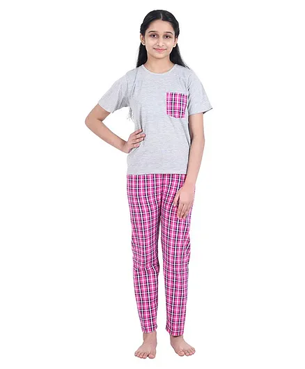 Funkrafts Half Sleeves Checked Night Suit - Grey Pink