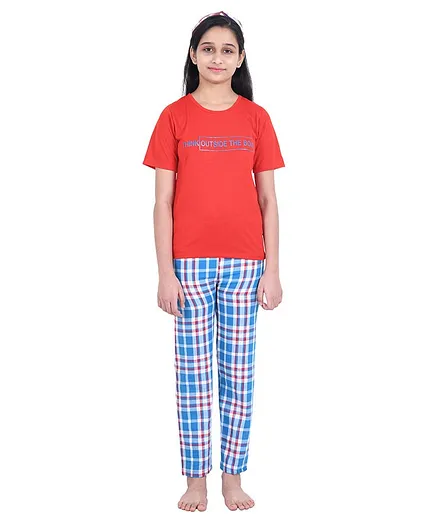 Funkrafts Half Sleeves Checked & Text Print Night Suit - Red Blue