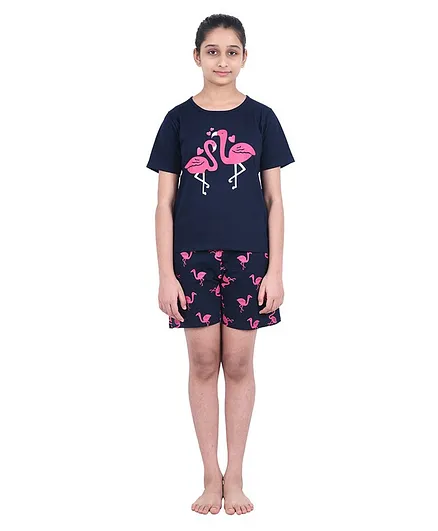 Funkrafts Half Sleeves Flamingo Print Night Suit - Blue