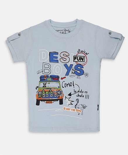 Li'l Tomatoes Half Sleeves Taxi Printed Tee With Free 3 Ply Face Mask - Light Blue