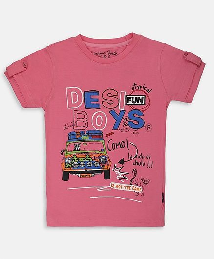 Li'l Tomatoes Half Sleeves Taxi Printed Tee With Free 3 Ply Face Mask - Pink