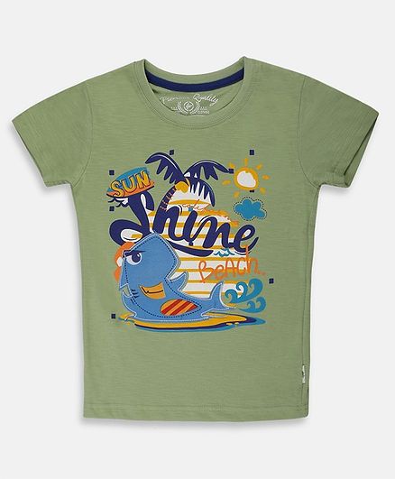 Li'l Tomatoes Half Sleeves Shark Patch Detailing Tee With Free 3 Ply Face Mask - Green