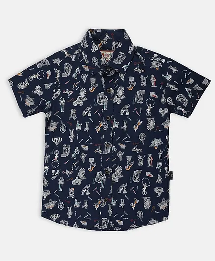 Li'L tomatoes Half Sleeves Circus Printed Shirt With FREE 3-Ply Face Mask - Navy Blue