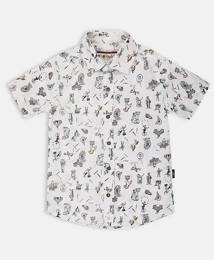 Li'L tomatoes Half Sleeves Circus Printed Shirt With FREE 3-Ply Face Mask - White
