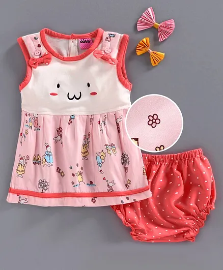 U R Cute Bunny Print Sleeveless Dress With Bloomer - Light Pink