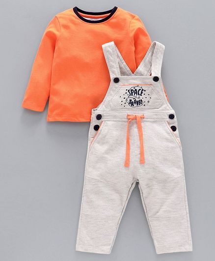 Babyoye Cotton Dungaree Style Romper With Full Sleeves Tee Space Travel Embroidery - Orange Light Grey
