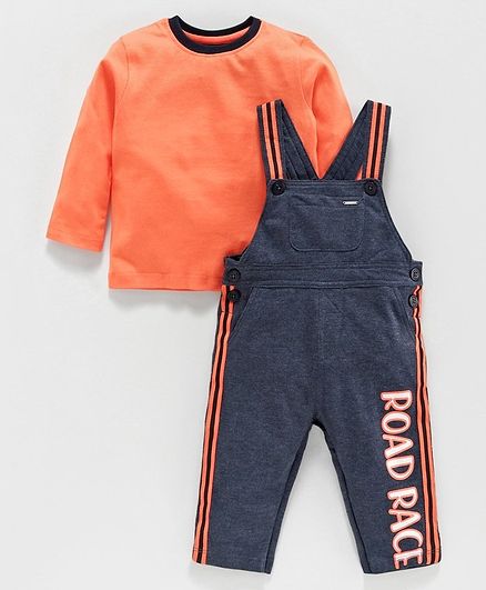 Babyoye Cotton Blend Dungaree Style Romper with Inner Full Sleeves Tee Road Race Print - Coral Blue