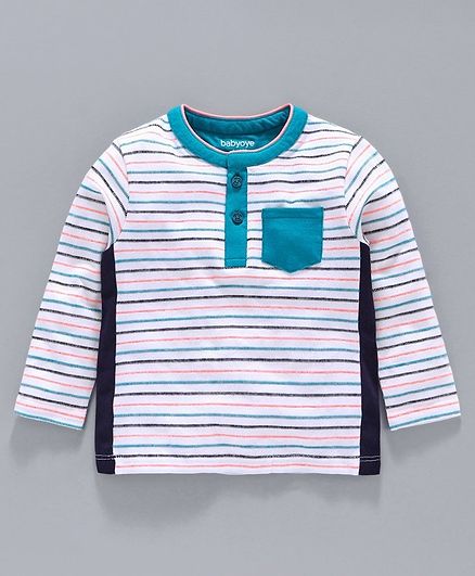 Babyoye Full Sleeves Cotton Yarn Dyed Striped Tee - White Blue
