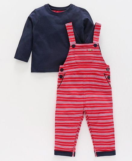 Babyoye Cotton Striped Dungaree With Inner Tee - Navy Red
