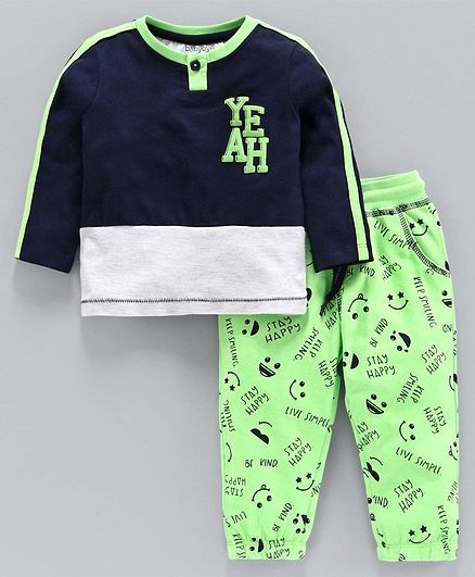 Babyoye Cotton Blend Full Sleeves Tee with Lounge Pant Happy Print - Navy Blue Lime Green