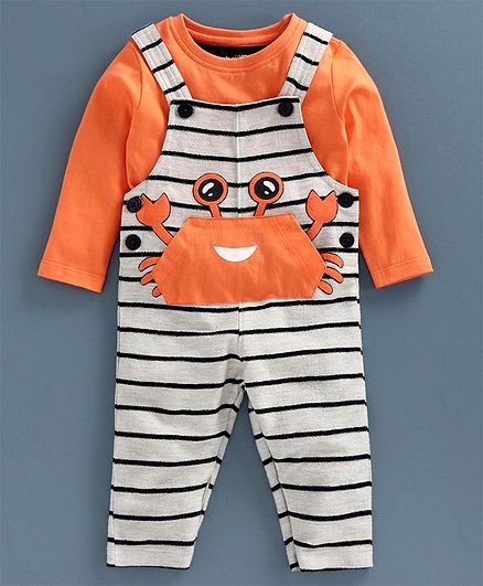 Babyoye Cotton Striped Dungaree with Full Sleeves Inner Tee Crab Patch - Orange