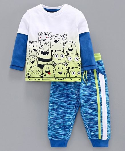 Babyoye Cotton Doctor Sleeves Tee & Lounge Pant Monster Print - White Blue