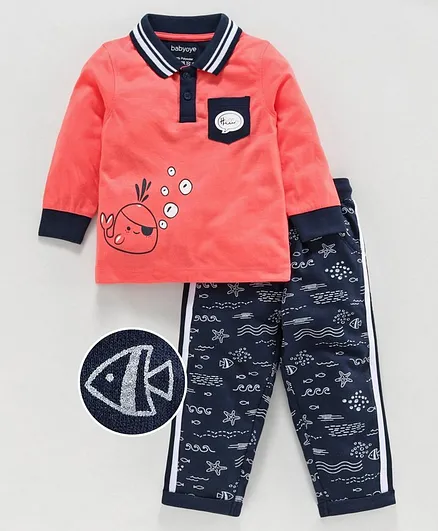 Babyoye Cotton Blend Full Sleeves Tee & Lounge Pant Marine Print - Coral Navy Blue