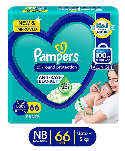 Pampers All round Protection Pants, New Born, Extra Small size (NB,XS) 66 Count, Anti Rash diapers, Lotion with Aloe Vera
