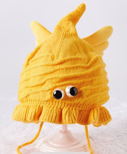 Babyhug Woolen Cap with Wing Applique Yellow - Diameter 11.5 cm