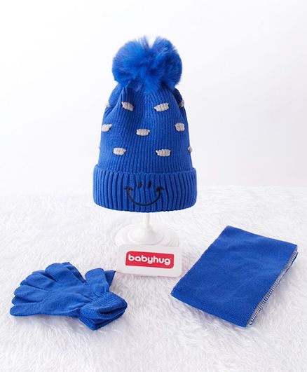 Babyhug Woolen Cap Muffler & Hand Gloves Blue - Diameter 10 cm