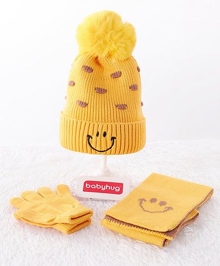 Babyhug Woolen Cap Muffler & Hand Gloves Yellow - Diameter 10 cm