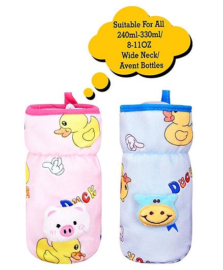 Broad Neck Feeding Bottle Cover with Strap Animal Motif Pack of 2 Pink Blue - Fits 330 ml Bottle