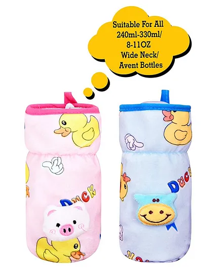 Broad Neck Feeding Bottle Cover with Strap Animal Motif Pack of 2 Pink Blue - Fits 330 ml Bottle
