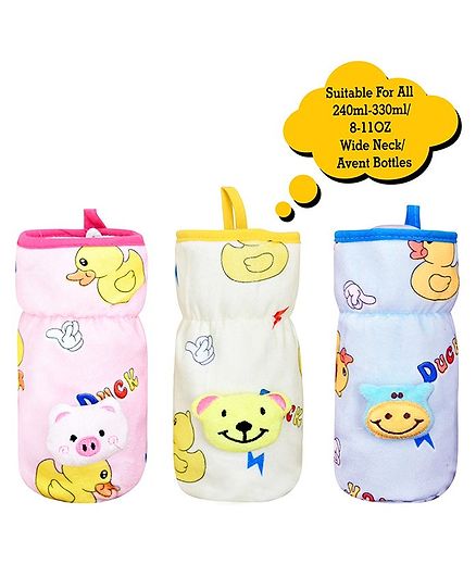 The Little Looker Plush Bottle Cover with Elastic Neck Pack of 3 Blue Yellow Pink - Fits 240 ml, 260 ml, 330 ml Bottle
