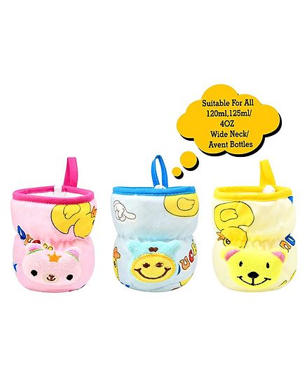 The Little Looker Plush Bottle Cover with Elastic Neck Pack of 3 Blue Yellow Pink - Fits 120 ml, 125 ml, 140 ml Bottle