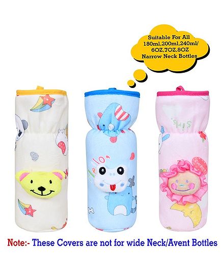 The Little Looker Plush Bottle Cover with Elastic Neck Pack of 3 Blue Yellow Pink - Fits 240 ml Bottle