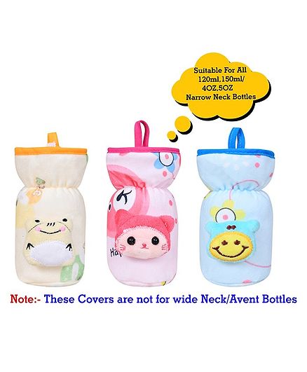 The Little Looker Plush Bottle Cover with Elastic Neck Pack of 3 Blue Yellow Pink - Fits 120 ml Bottle