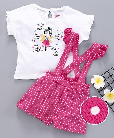 Babyhug Short Sleeves Tee & Shorts With Attached Suspenders Doll Print - White Pink