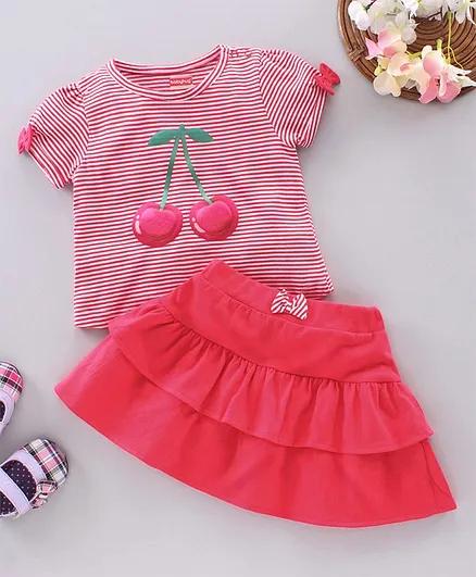 Babyhug Puff Sleeves Stripe Top & Layered Skirt Apple Design - Red