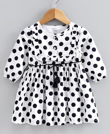 Babyoye Full Sleeves Polka Dotted Frock - White Black