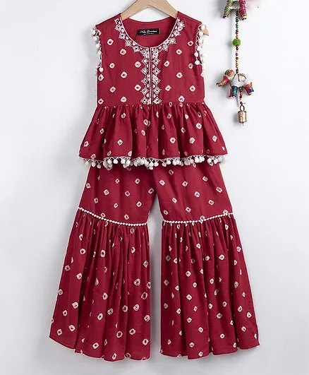Neha Gursahani Sleeveless Bandhini Top With Flared Ghagra Pants - Maroon