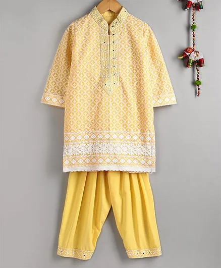 Neha Gursahani Full Sleeves Lucknowi Kurta With Salwar - Yellow