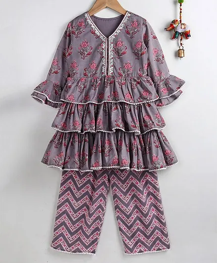 Neha Gursahani Full Sleeves Flower Print Layered Kurta With Palazzo Pants - Purple