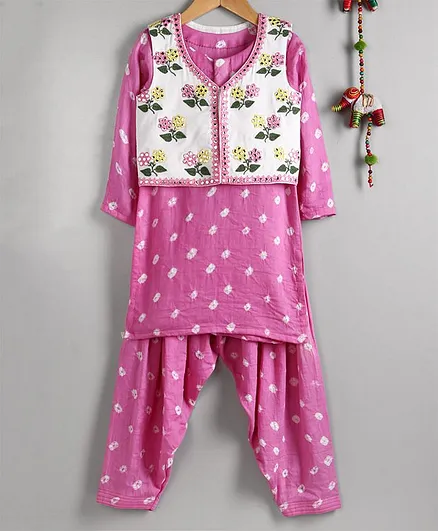 Neha Gursahani Full Sleeves Bandhini Kurta With Salwar & Jacket Set - Pink