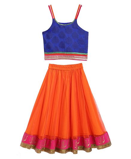 Twisha Sleeveless Motif Print Choli With Contrast Ghagra - Blue Orange